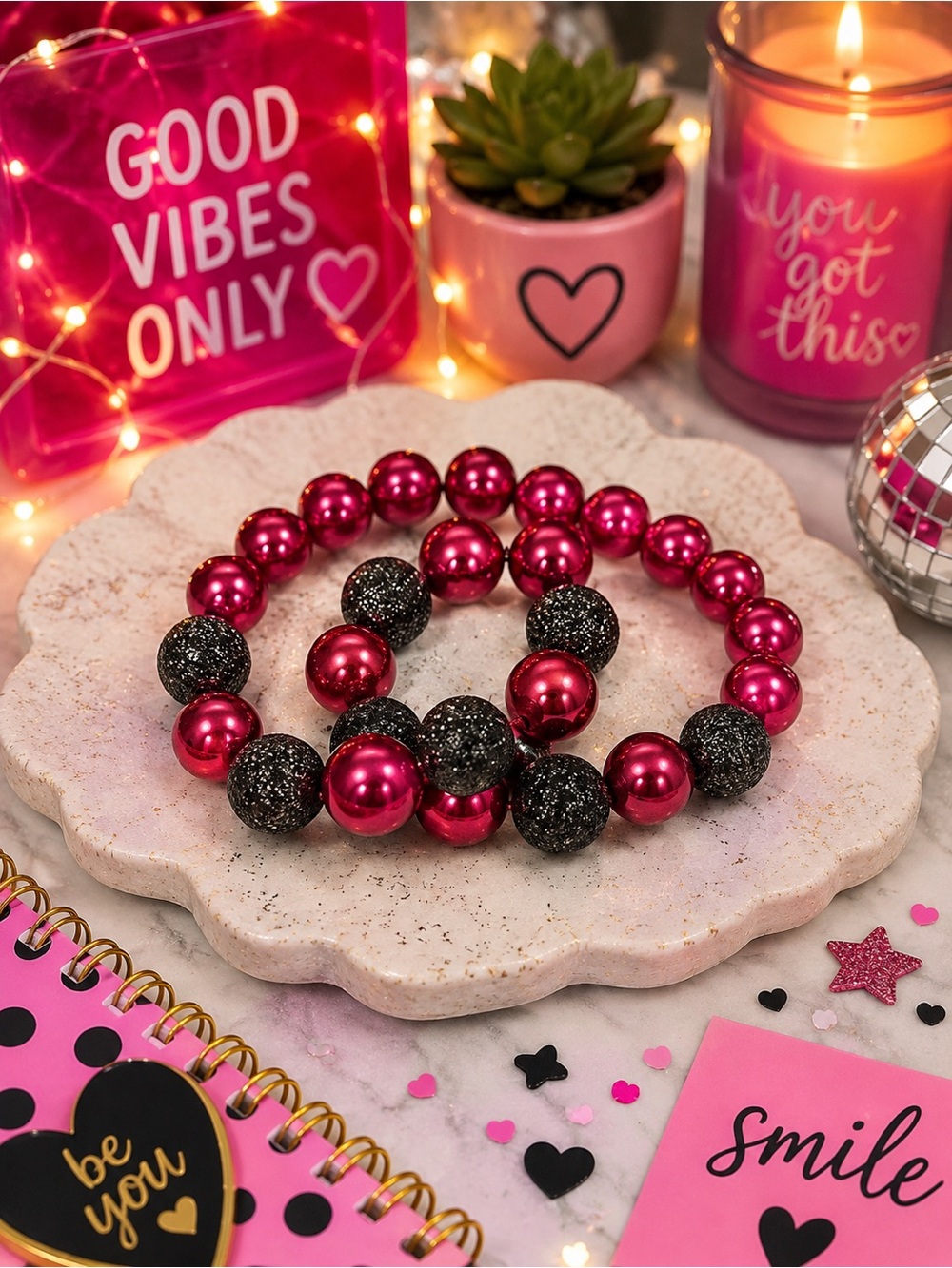 💗 Pink & Glitter Black Beaded Stretch Bracelet Set of 2 — NWOT